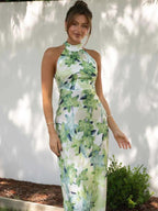 Angélica Minimalist Printed Halterneck Midi Dress in Backless Satin Evening Wear Edit
