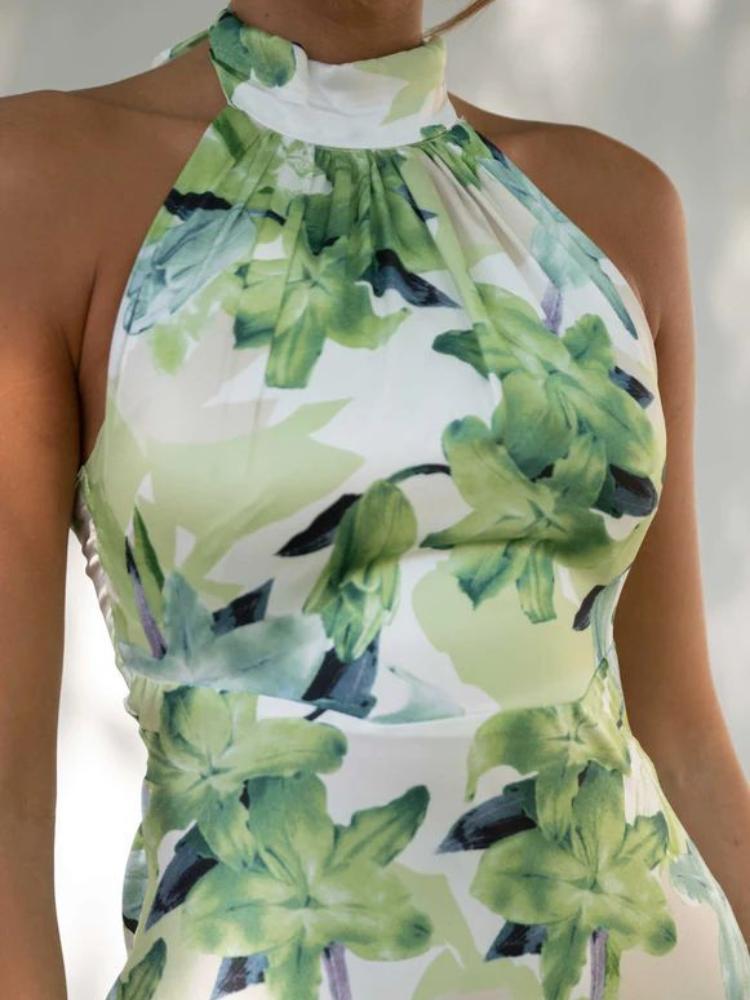 Abigail Chic Printed Halterneck Midi Dress in Backless Satin Premium Wardrobe Essential