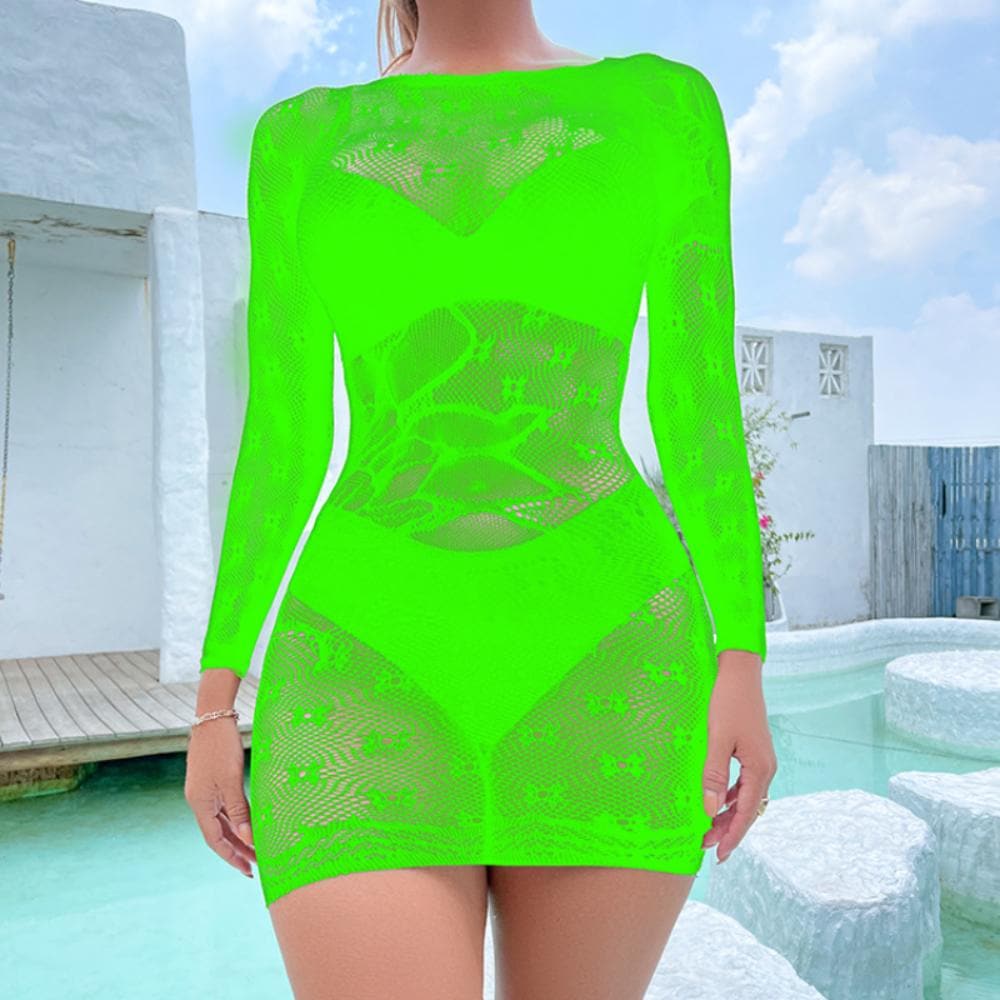 Long sleeve crewneck fishnet pattern mini dress  | Festival Outfits Women
