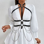 Halter metal chain o ring PU leather harness top  | Festival Outfits Women
