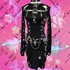 Long sleeve hollow out o ring skull applique cut out mini dress  | Festival Outfits Women