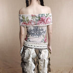 Off shoulder lace hem knotted flower print top  | Festival Outfits Women