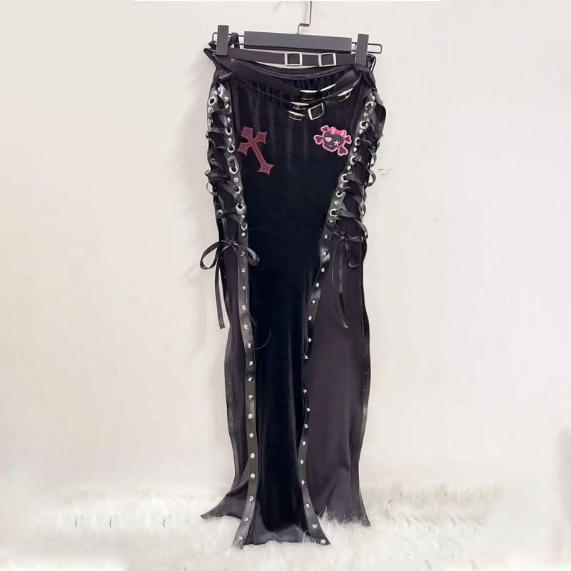 Lace up cross pattern contrast maxi skirt  | Festival Outfits Women