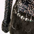 Leopard print long sleeve fluffy skull applique mini skirt set  | Festival Outfits Women  | Leopard Print Mini Dress
