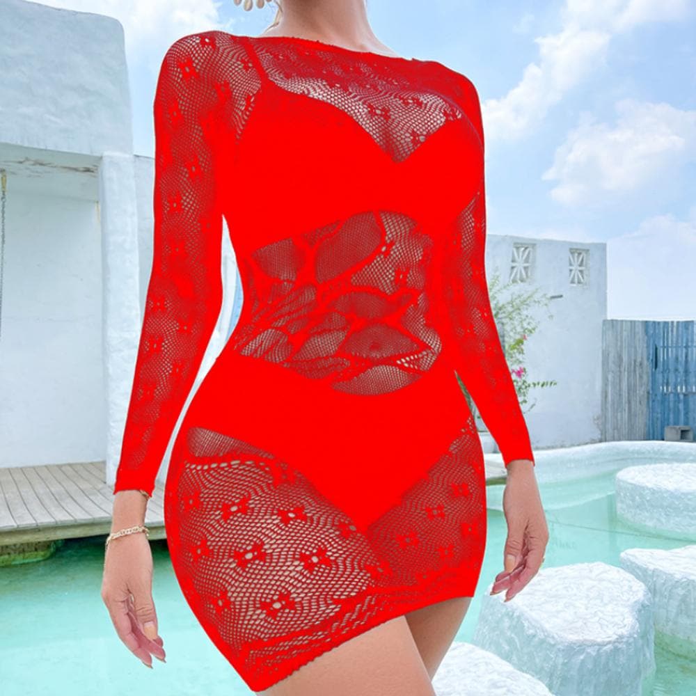 Long sleeve crewneck fishnet pattern mini dress  | Festival Outfits Women