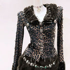 Leopard print long sleeve fluffy skull applique mini skirt set  | Festival Outfits Women  | Leopard Print Mini Dress