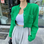 Pocket Cropped Solid O-Neck Knit Cardigan