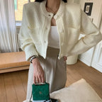 Pocket Cropped Solid O-Neck Knit Cardigan