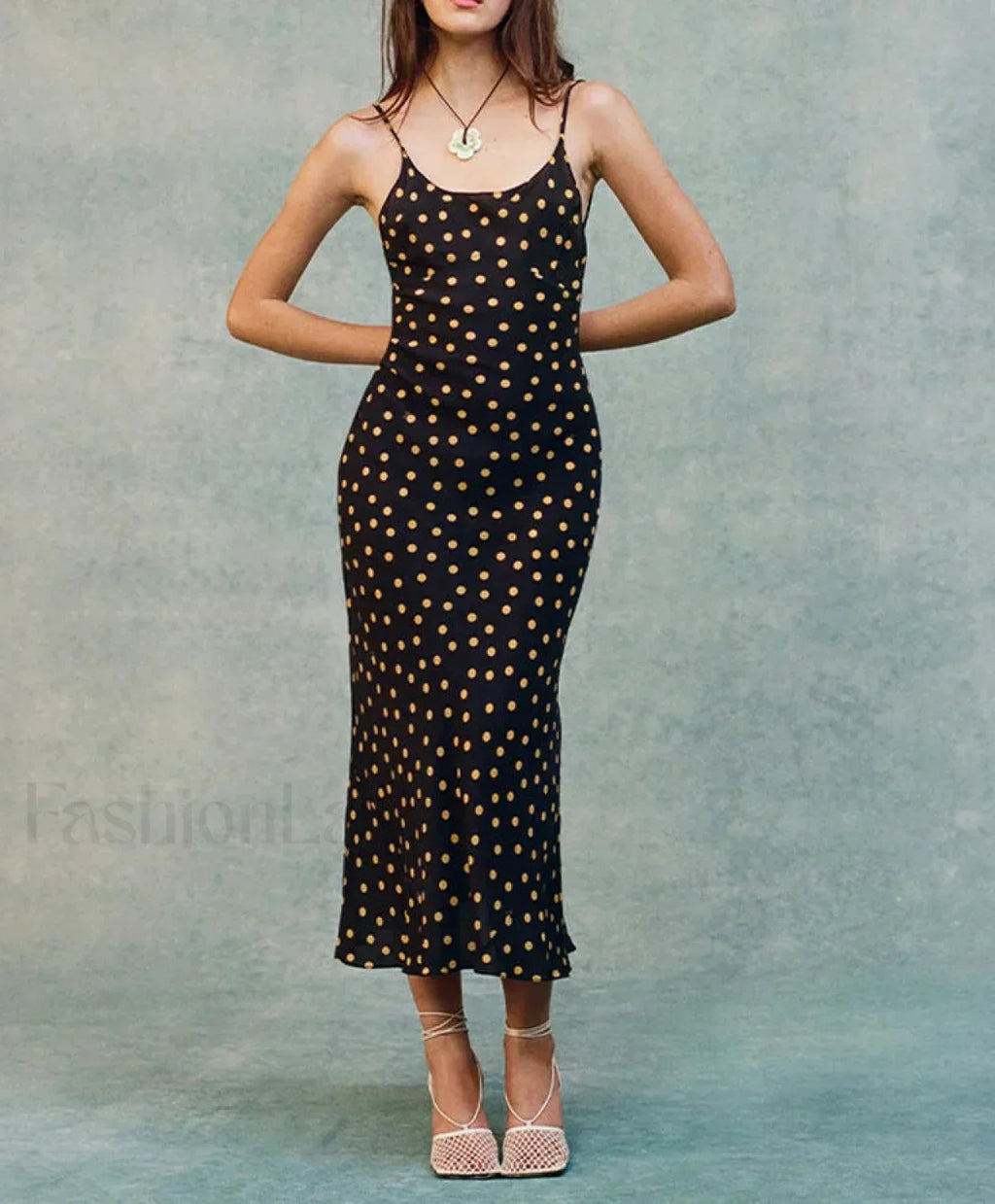 Black Polka Dot Backless Midi Dress