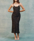 Black Polka Dot Backless Midi Dress