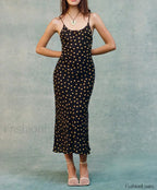 Black Polka Dot Backless Midi Dress
