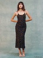 Black Polka Dot Backless Midi Dress