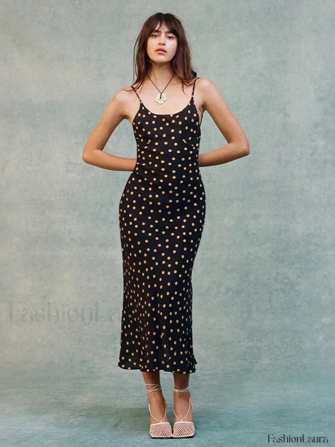 Black Polka Dot Backless Midi Dress