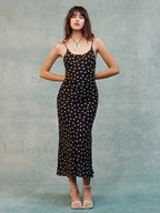 Black Polka Dot Backless Midi Dress