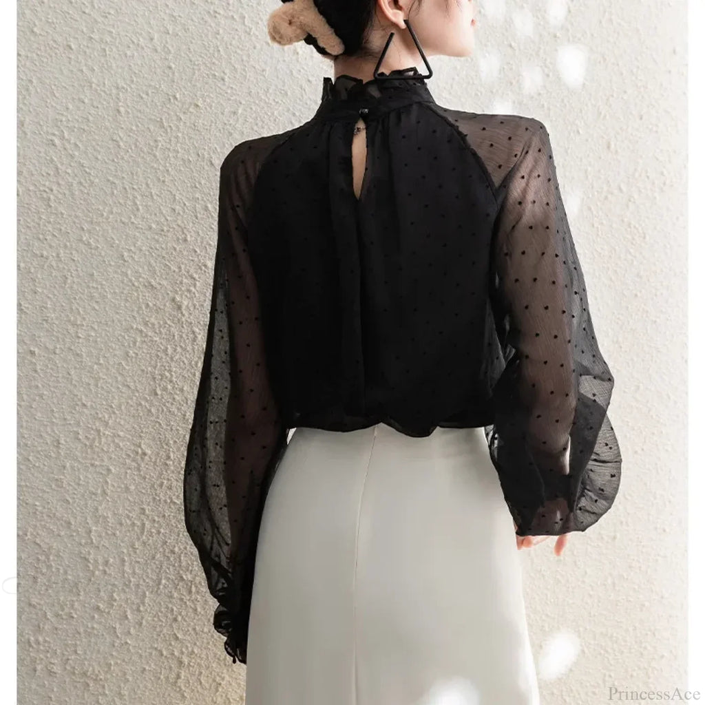 Polka Dot Chiffon Stand Collar Autumn Blouse