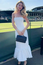 Off Shoulder Strapless Tiered Ruffle Polka Dot Maxi Dress