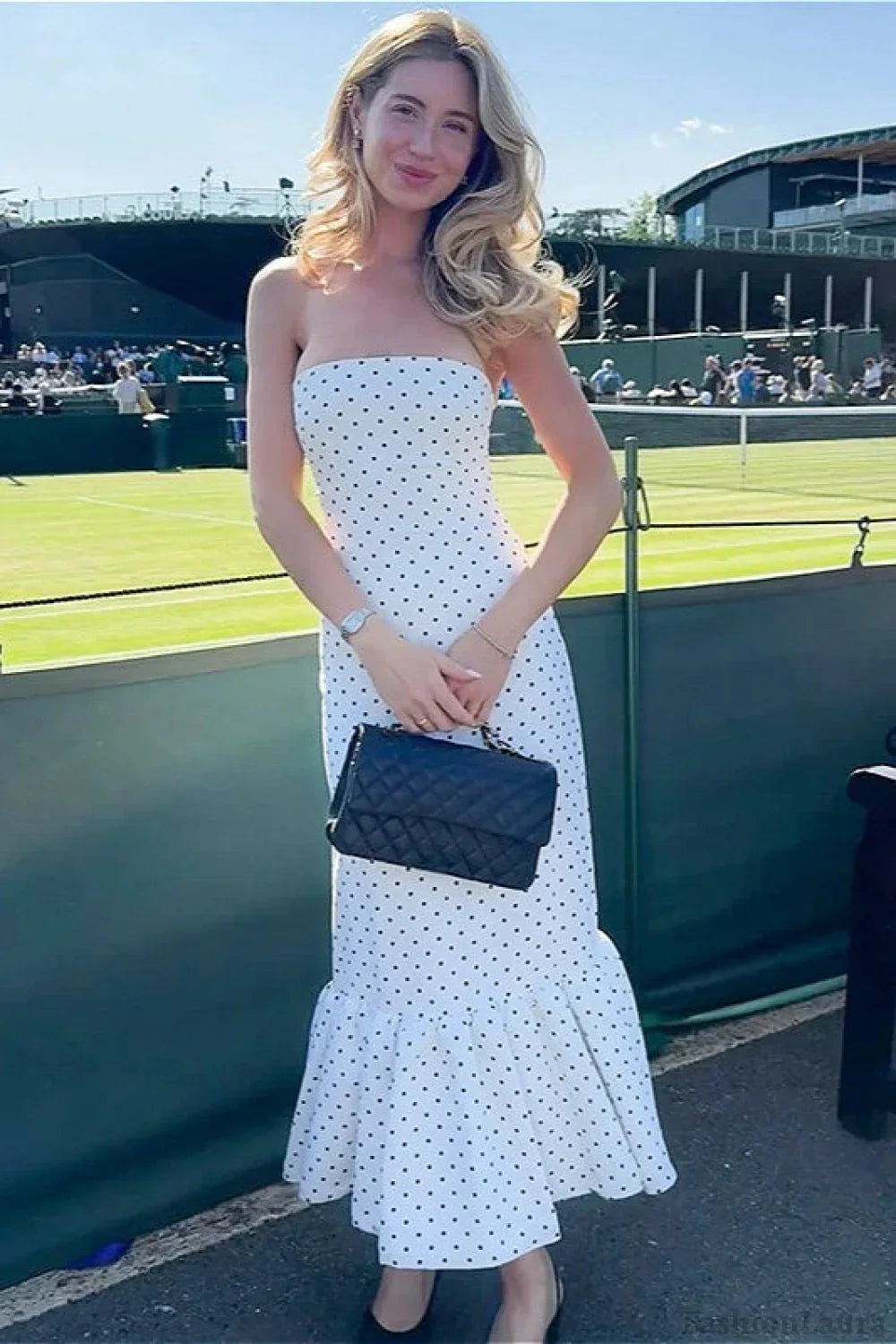 Off Shoulder Strapless Tiered Ruffle Polka Dot Maxi Dress