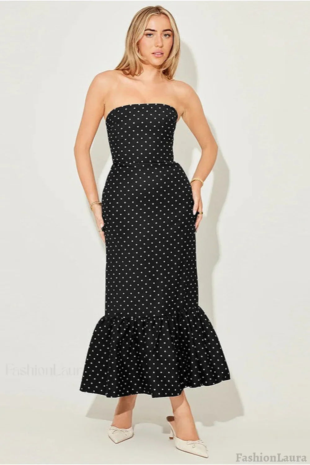 Off Shoulder Strapless Tiered Ruffle Polka Dot Maxi Dress