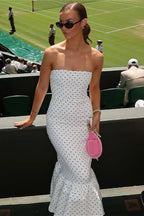Off Shoulder Strapless Tiered Ruffle Polka Dot Maxi Dress