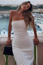 Off Shoulder Strapless Tiered Ruffle Polka Dot Maxi Dress