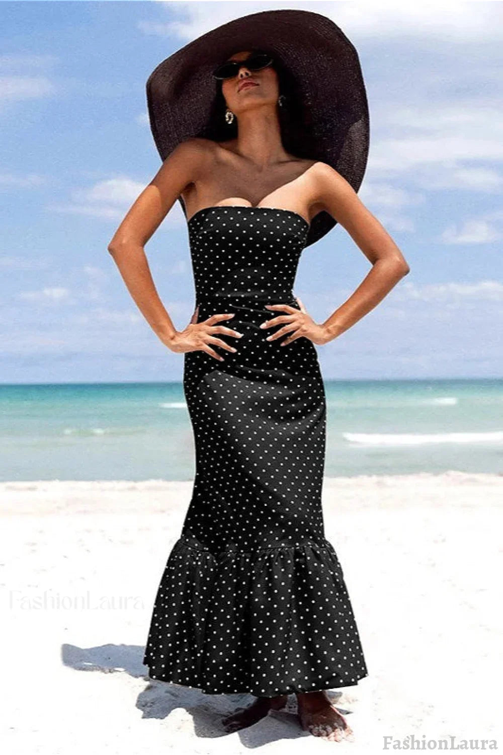 Off Shoulder Strapless Tiered Ruffle Polka Dot Maxi Dress