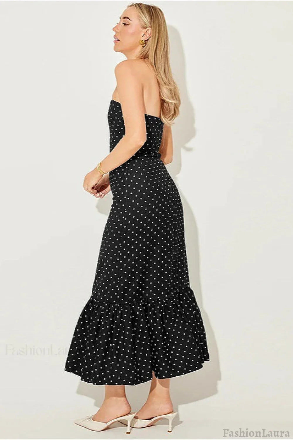 Off Shoulder Strapless Tiered Ruffle Polka Dot Maxi Dress