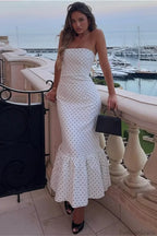 Off Shoulder Strapless Tiered Ruffle Polka Dot Maxi Dress