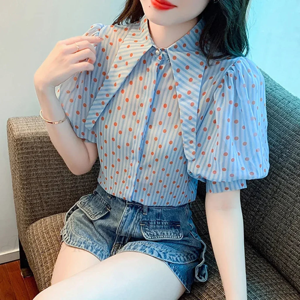 Polka Dot Print Elegant Loose Puff Sleeve Blouse