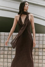Brown Scarf Neck Halter Polka Dot Maxi Dress