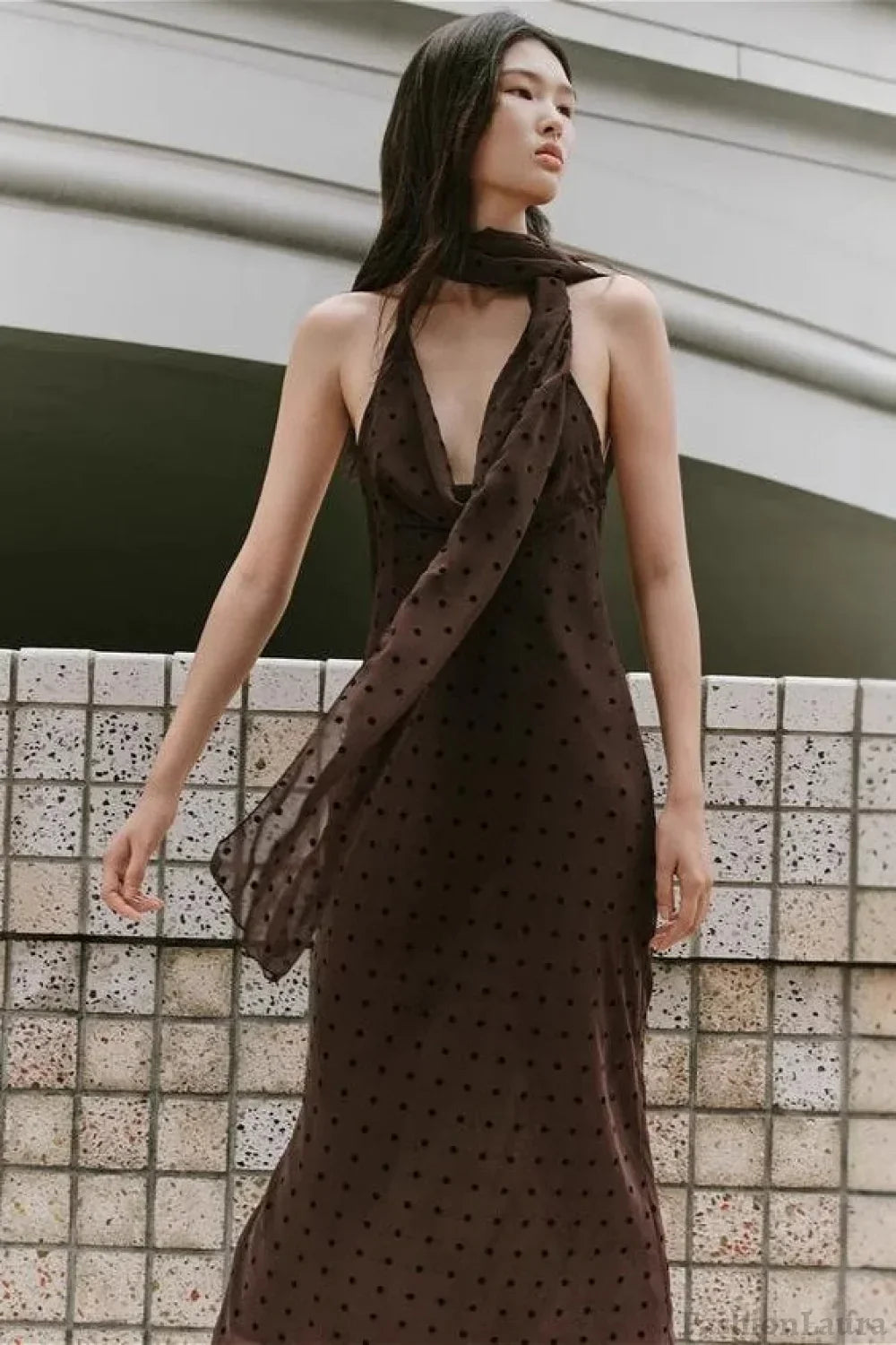 Brown Scarf Neck Halter Polka Dot Maxi Dress