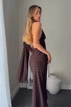 Brown Scarf Neck Halter Polka Dot Maxi Dress