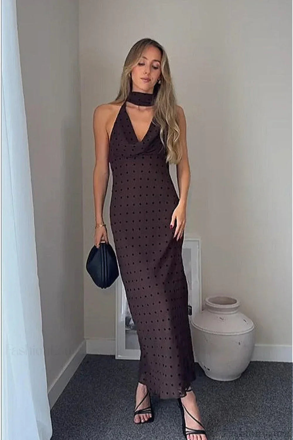 Brown Scarf Neck Halter Polka Dot Maxi Dress