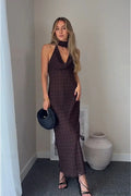 Brown Scarf Neck Halter Polka Dot Maxi Dress