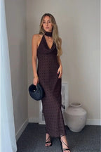 Brown Scarf Neck Halter Polka Dot Maxi Dress