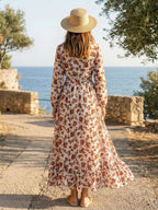 Long Sleeve Floral Maxi Gown - Pink Boho Flowy V Neck Ruffle Dress - Spring Holiday Beach 2026