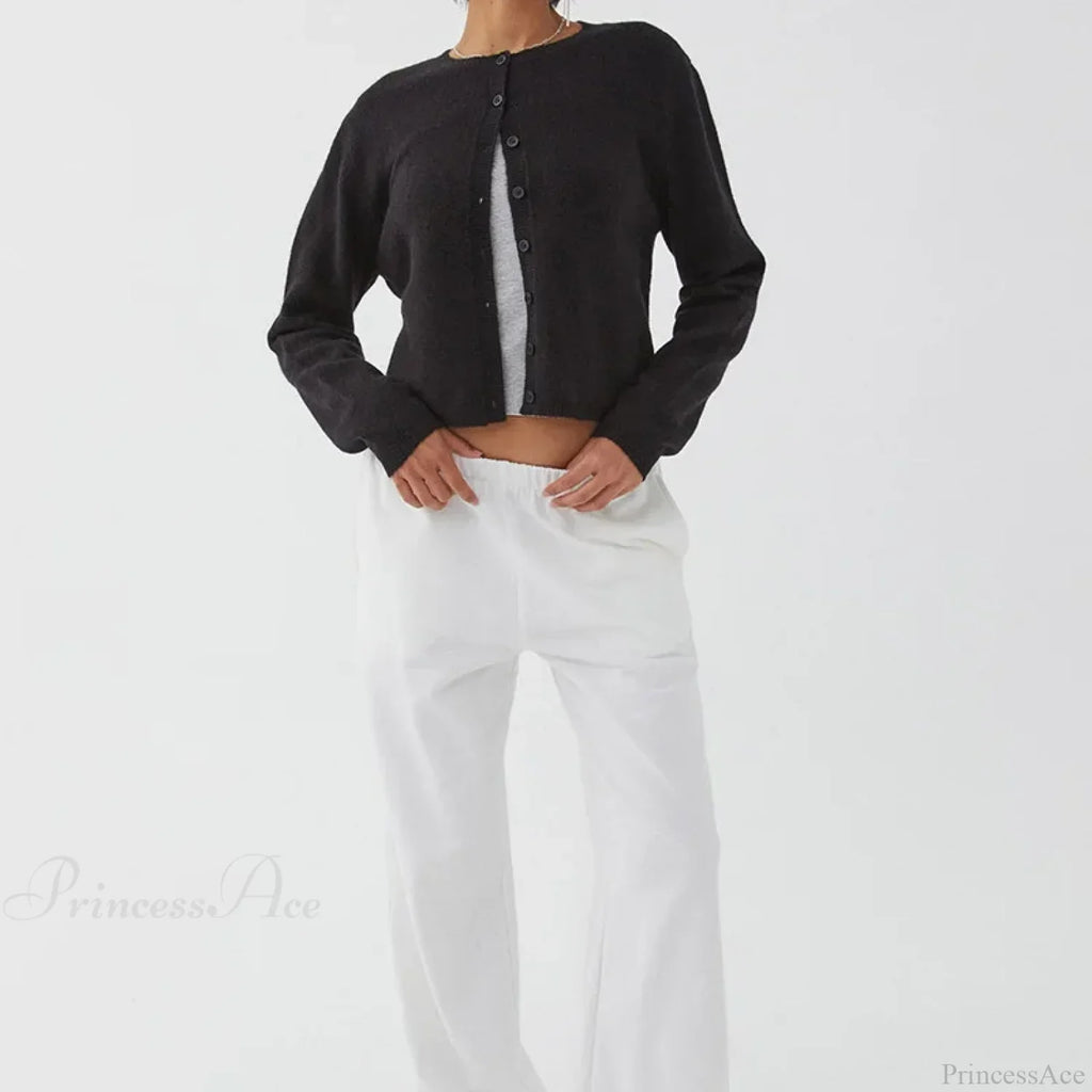 Preppy Crew Neck Button Up Front Cardigan