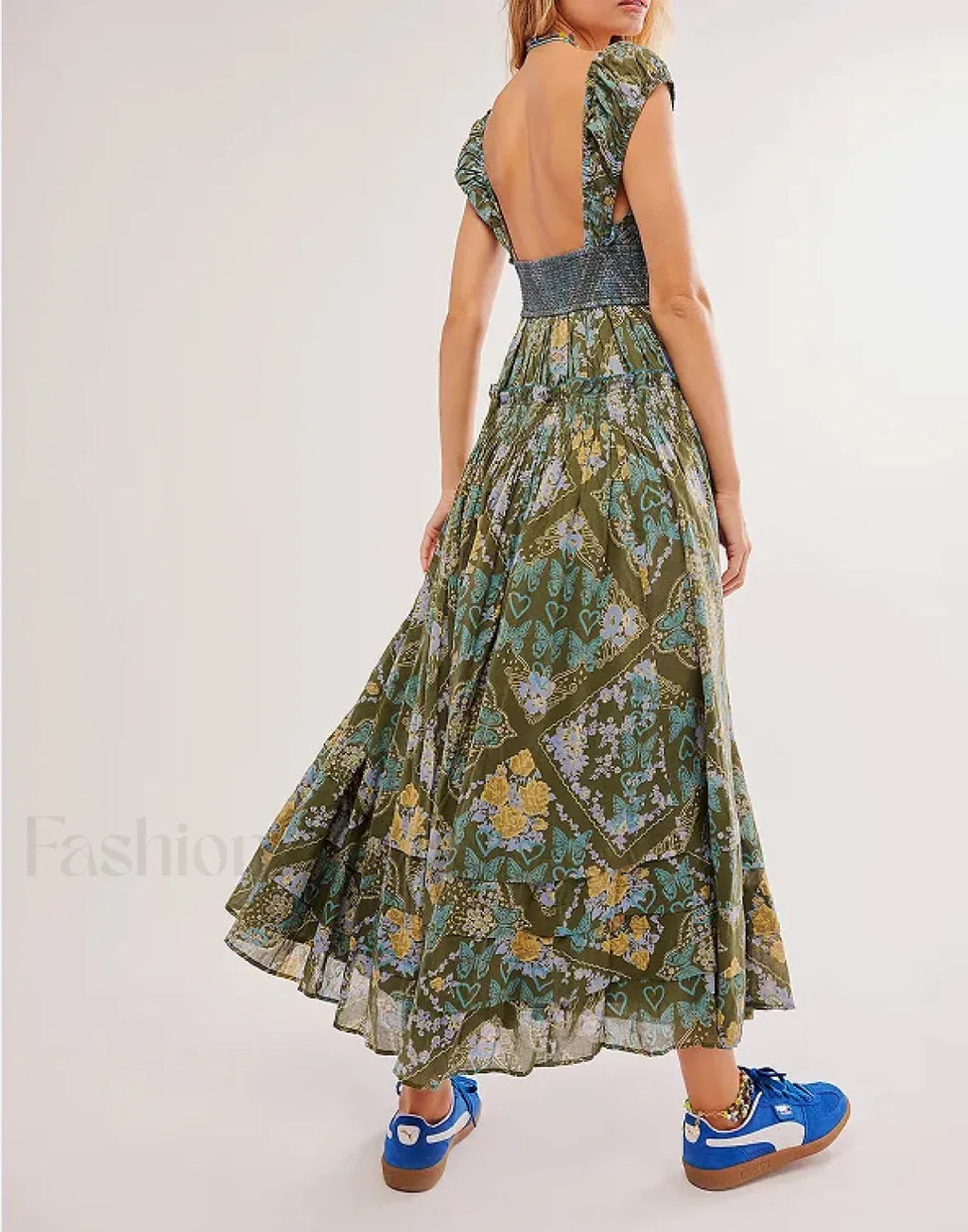 Printed Chiffon Short-Sleeve Boho Dress