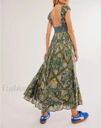 Printed Chiffon Short-Sleeve Boho Dress