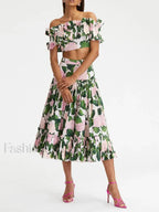 Printed Sleeveless Pleated Skirt Two Piece Set