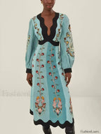 Printed Trumpet-Sleeve Boho Dress