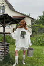 Printed White Loose Casual Crew Neck Pullover Sweatshirt