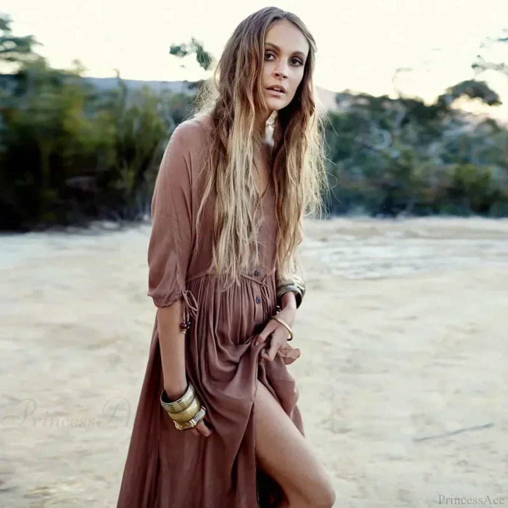 Printing Maxi Deep V Neck Stretch Boho Dress