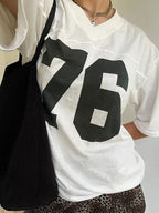 Contrast Color Retro Sport Oversized Short Sleeve Top with V Neck