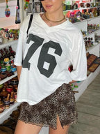Contrast Color Retro Sport Oversized Short Sleeve Top with V Neck