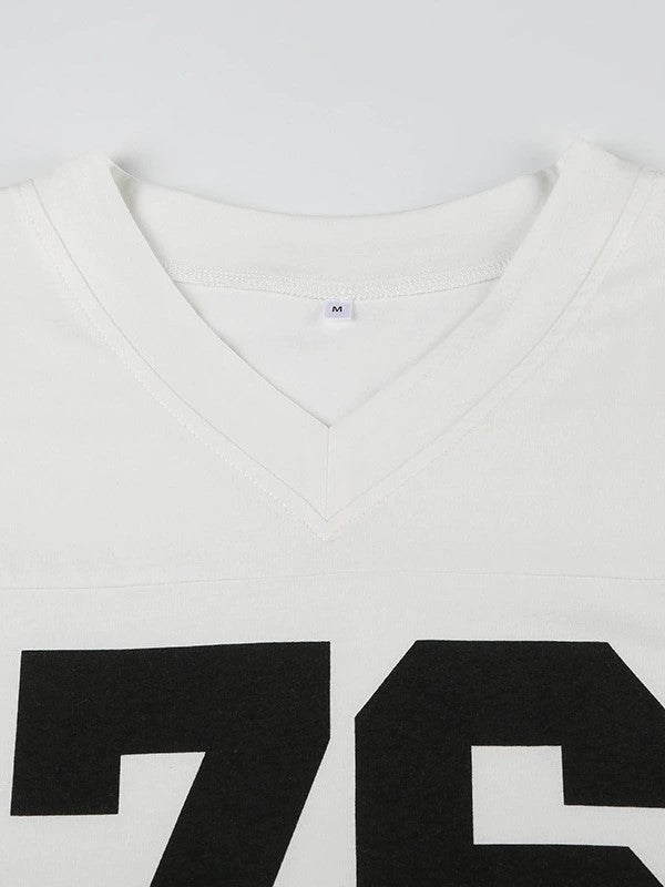 Contrast Color Retro Sport Oversized Short Sleeve Top with V Neck