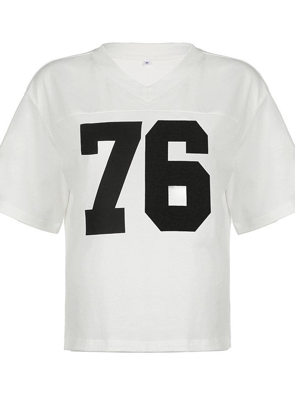 Contrast Color Retro Sport Oversized Short Sleeve Top with V Neck