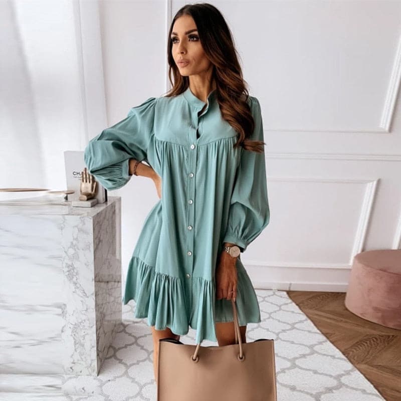 Mandarin Collar Puff Sleeve Button Front Ruffle Hem Mini Shirt Dress