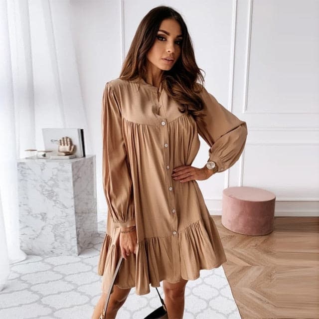 Mandarin Collar Puff Sleeve Button Front Ruffle Hem Mini Shirt Dress