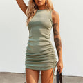 Crew Neck Ribbed Knit Side Drawstring Ruched Bodycon Mini Dress