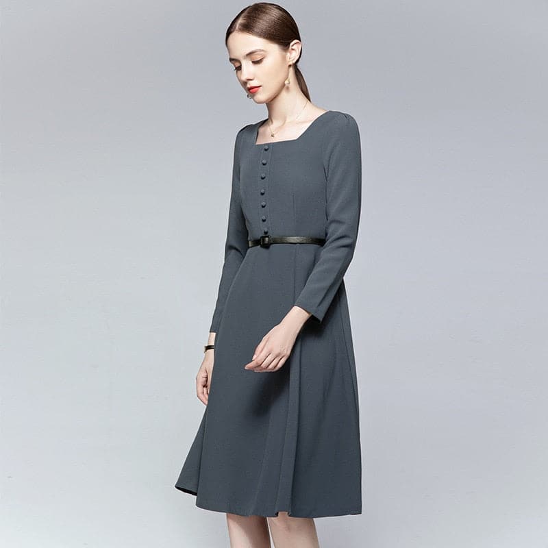 Square Neck Button Front Puff Sleeve Fit and Flare Midi Dress